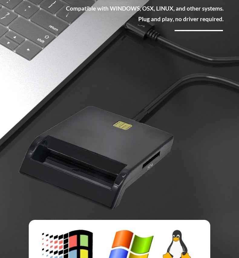 A black USB SIM card reader device shown plugged into a laptop on a dark surface, with text noting compatibility with Windows, OSX, Linux, and other systems. A small SIM card is inserted into the reader.