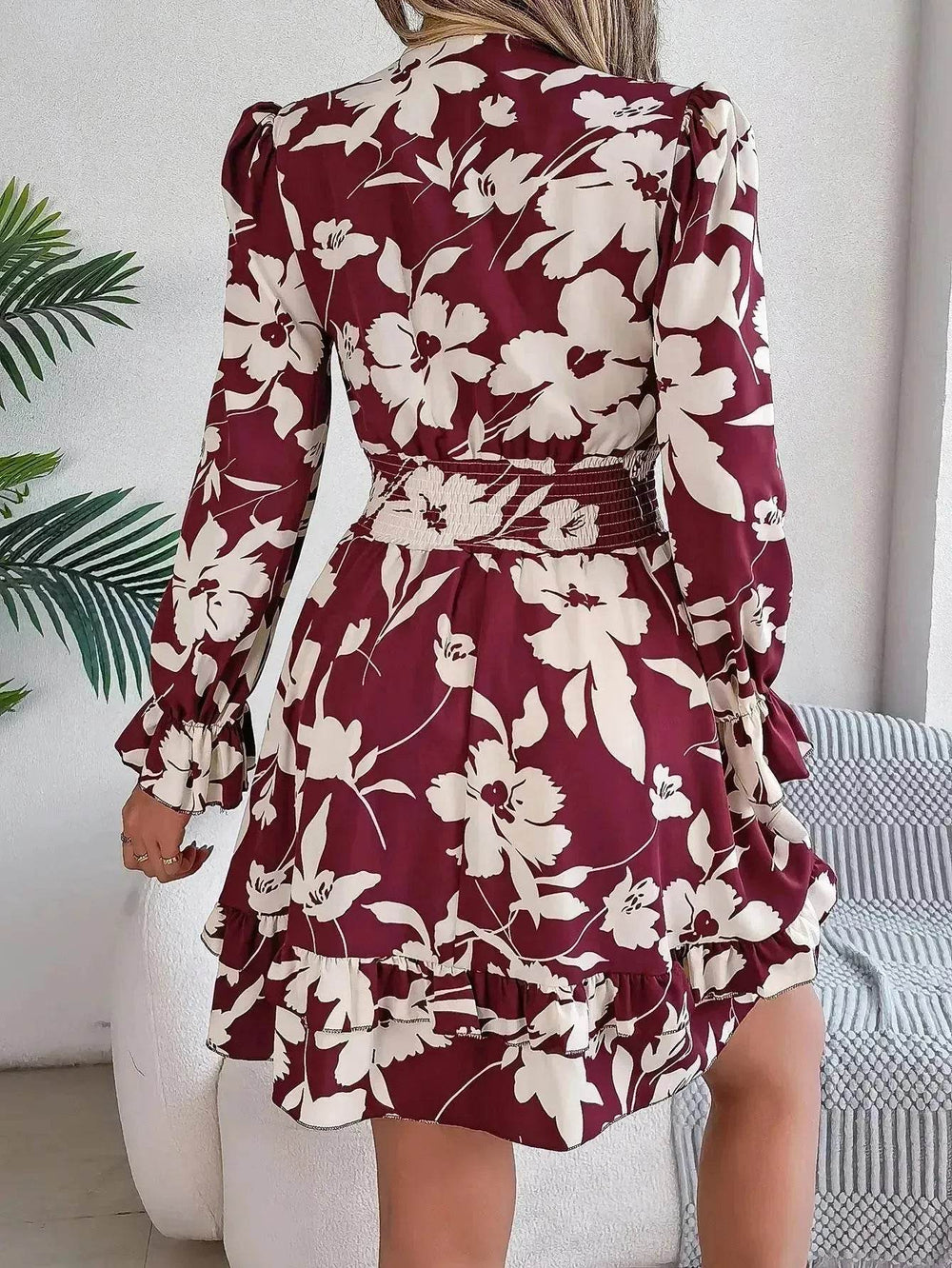 New Floral Printed V-Neck Long Sleeve Dress Fashion Ruffles Bowknot A-Line Short Mini Skater Dress Women's Clothing - EX-STOCK Canada