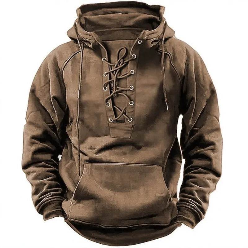 Men's Outdoor Retro Lace-up Hooded Long-sleeved T-shirt Casual Pullover top sweatshirt - EX-STOCK Canada