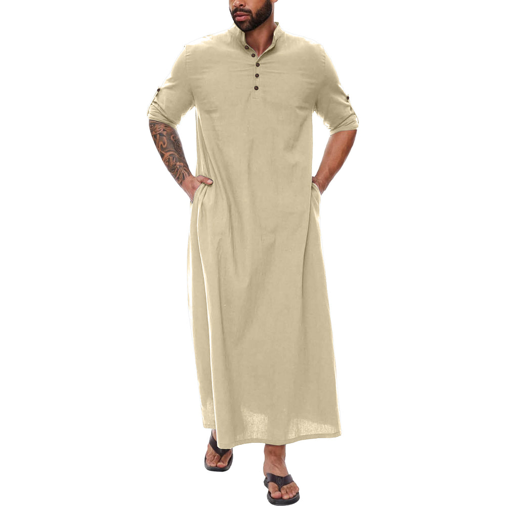 Robe longue pour hommes en coton et lin à col montant, thobe traditionnel musulman EX-STOCK Canada