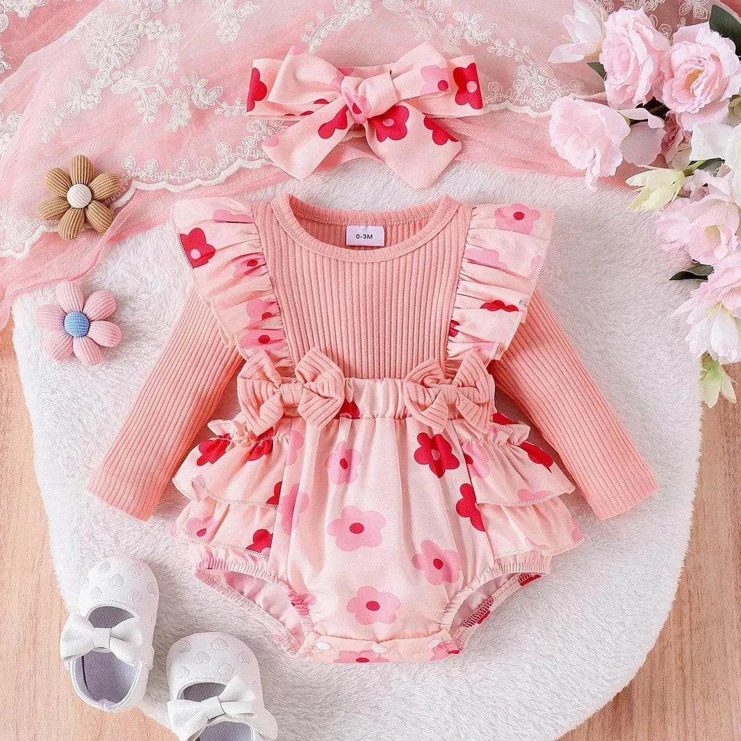 One-piece Romper Pants Bow Headdress Suit Baby girl casual pink romper with head bowtie - EX-STOCK Canada