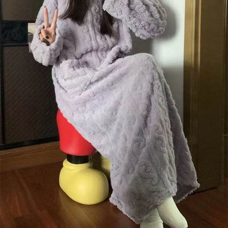 Winter Coral Fleece Sleepwear Women's Nightgown Long Night Dress Pajamas With Pockets Thickened Jacquard Dress Warm Home Clothes - EX-STOCK Canada