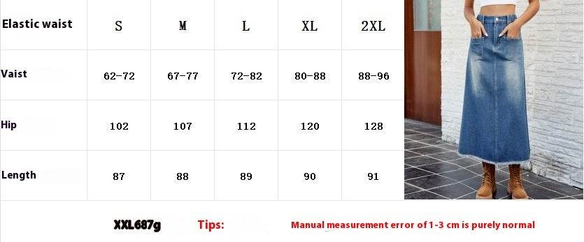 European And American Washed Frayed Hem Blue Denim Midi Skirt - EX-STOCK Canada