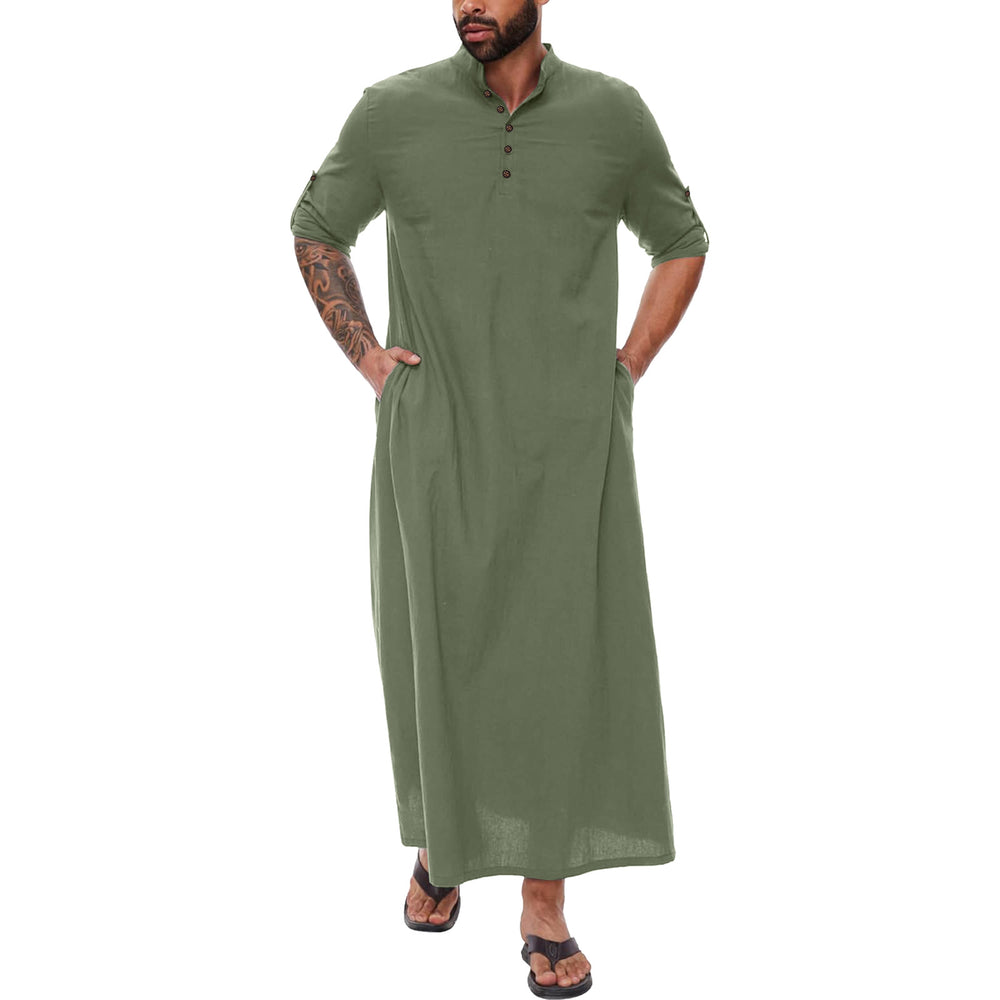Robe longue pour hommes en coton et lin à col montant, thobe traditionnel musulman EX-STOCK Canada