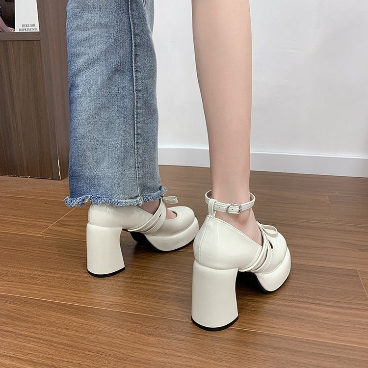French Style Super High Heel Retro Mary Janes For Women 2026 Spring New Fashion Versatile Platform Block Heel Pumps