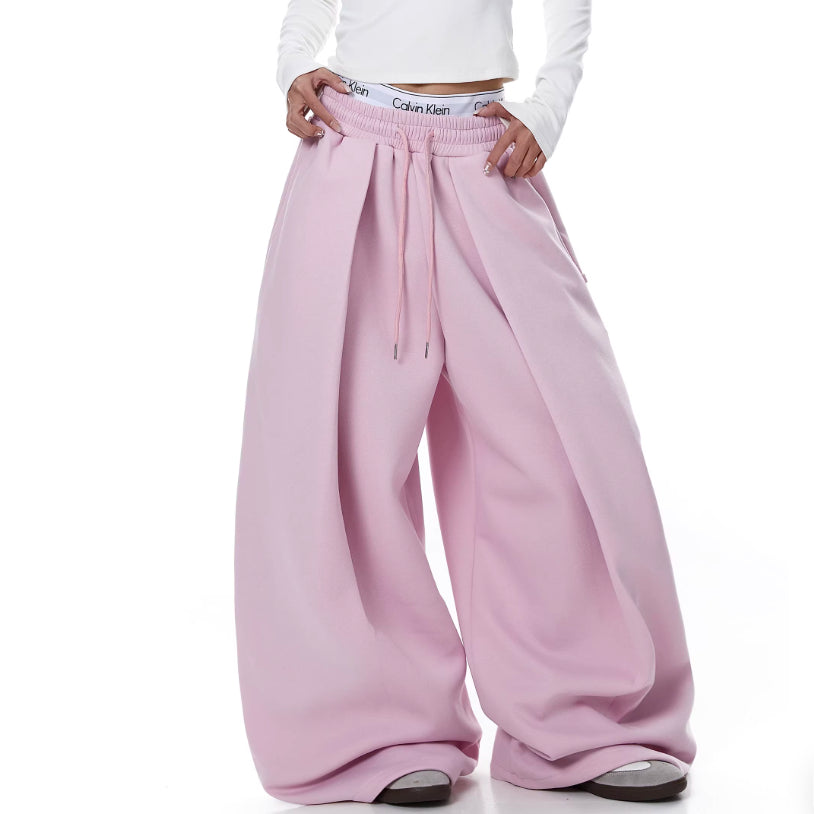 Women's Embroidered Balloon-Leg Sweatpants – Pleated Ultra-Wide Drawstring Pants | Gray, Pink & Gray Green