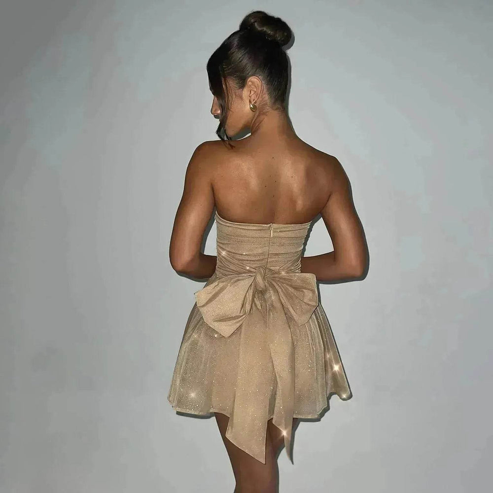 Tube Top Lace Dress With Back Bow-knot Summer Fashion Temperament Mesh Stitching Off-neck Short Mini Skater Dress - EX-STOCK Canada