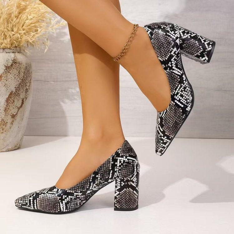 Women's Snake Print Pointed Toe Block Heel Pumps 2026 Spring Summer Elegant High Heels Versatile Office Party Shoes