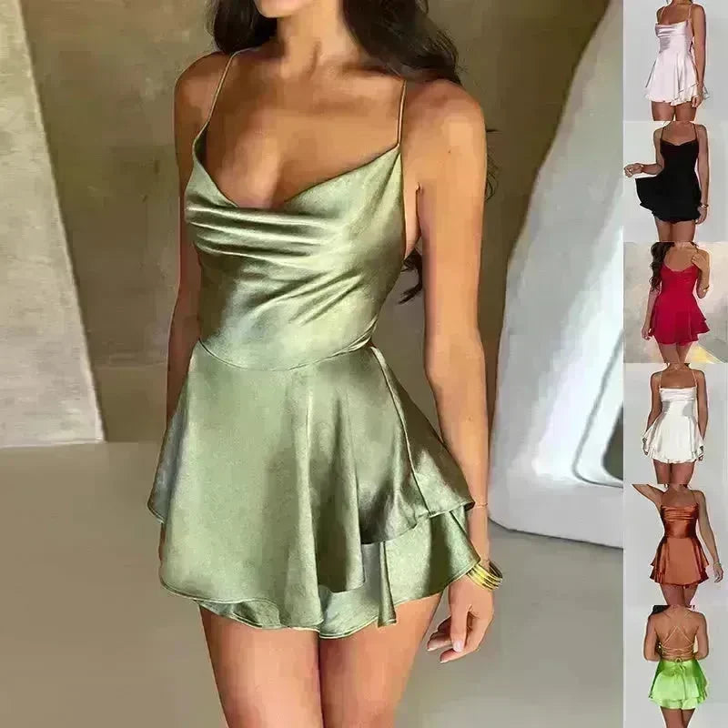 Elegant Chic Skirt Dress For Women Elegant Slim Strap Satin Backless Lace Up Ladies Party Mini Skater Dress - EX-STOCK CANADA