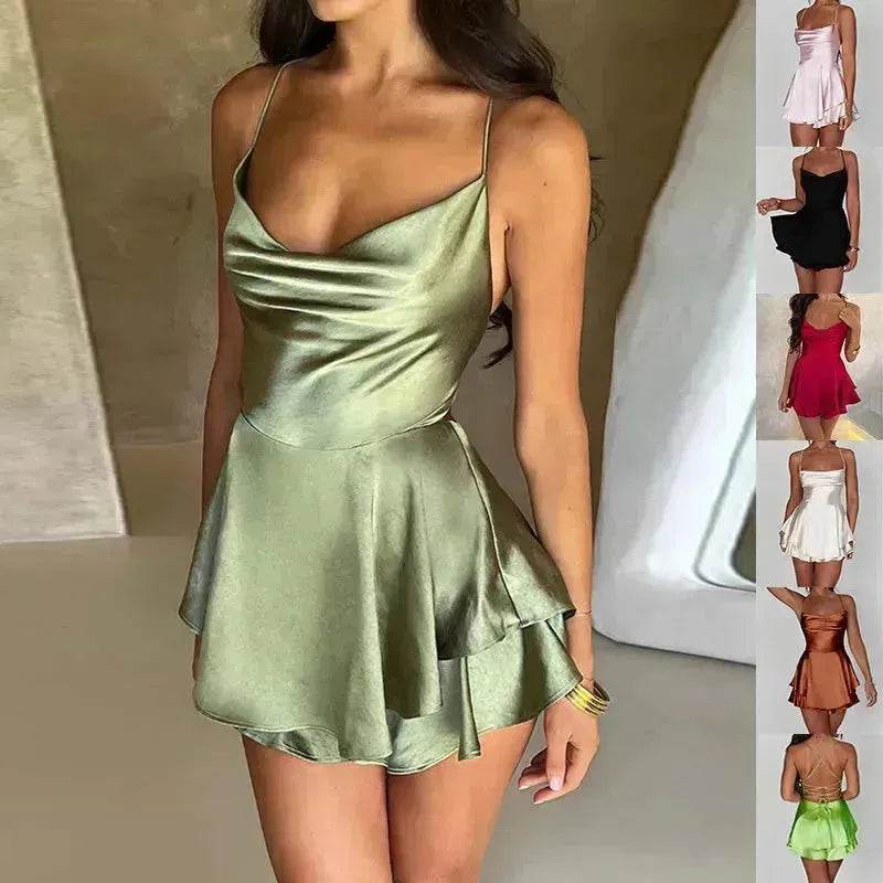 Elegant Chic Skirt Dress For Women Elegant Slim Strap Satin Backless Lace Up Ladies Party Mini Skater Dress - EX-STOCK Canada