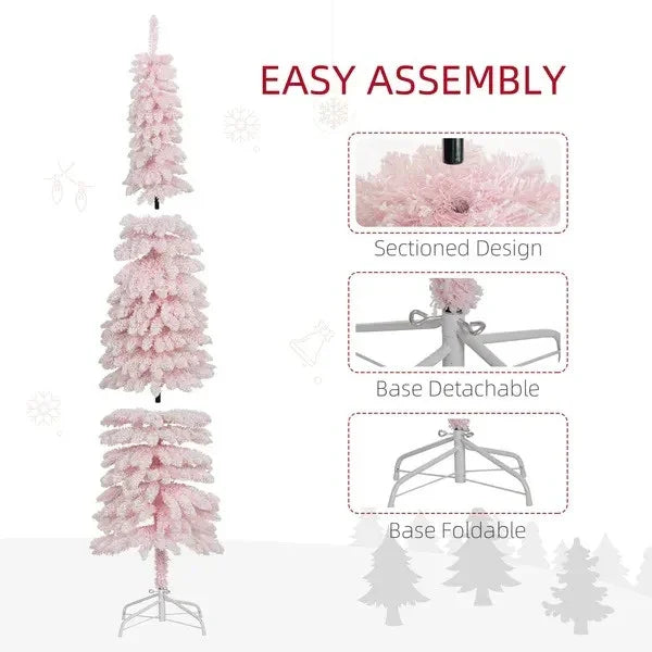 7ft Snow-Flocked Artificial Christmas Tree, Slim Pencil Xmas Tree With 490 Realistic Branches, Metal Base EX-STOCK Canada