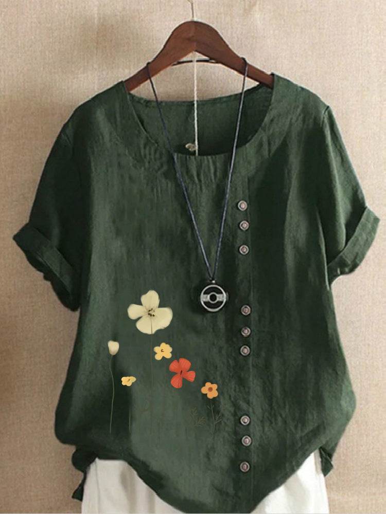 Casual Summer Beach Cotton And Linen Printed Elegant Short Sleeve blouse Top Women - EX-STOCK Canada