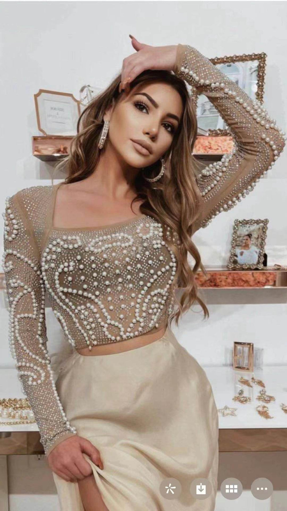 2pcs Beaded Studded Long Sleeve Mesh top and Midi Pencil skirt for work - EX-STOCK Canada