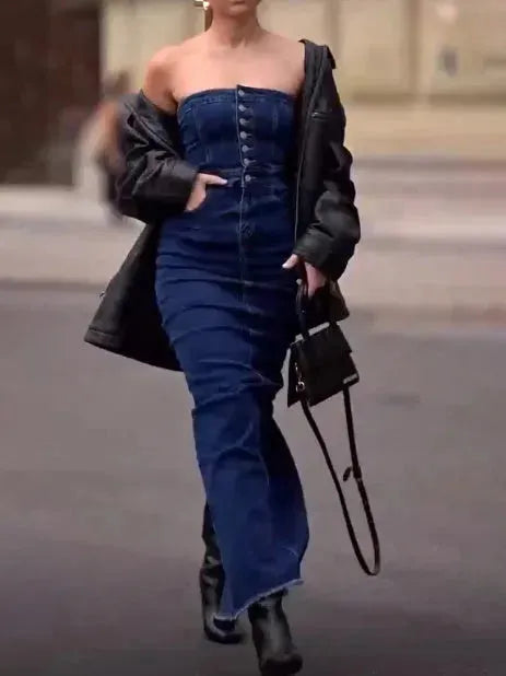 Strapless Button Denim Dress Tube top Long Jeans Dress - EX-STOCK CANADA