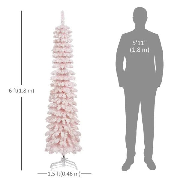 6ft Snow-Flocked Artificial Christmas Tree, Slim Pencil Xmas Tree With 395 Realistic Branches, Metal Base EX-STOCK Canada