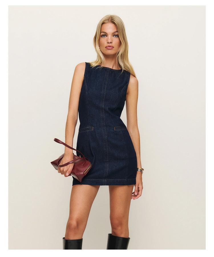 French Fashion Round Neck Slim Fit Denim Sleeveless Dress