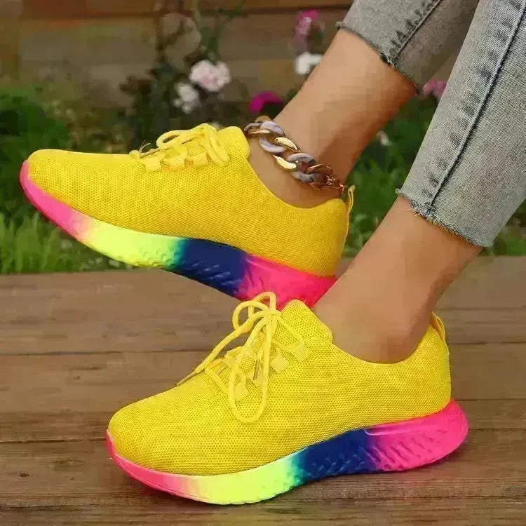 Lace-up Mesh Shoes With Rainbow Sole Design Fashion Walking Running Sports Shoes Sneakers For Women - EX-STOCK CANADA