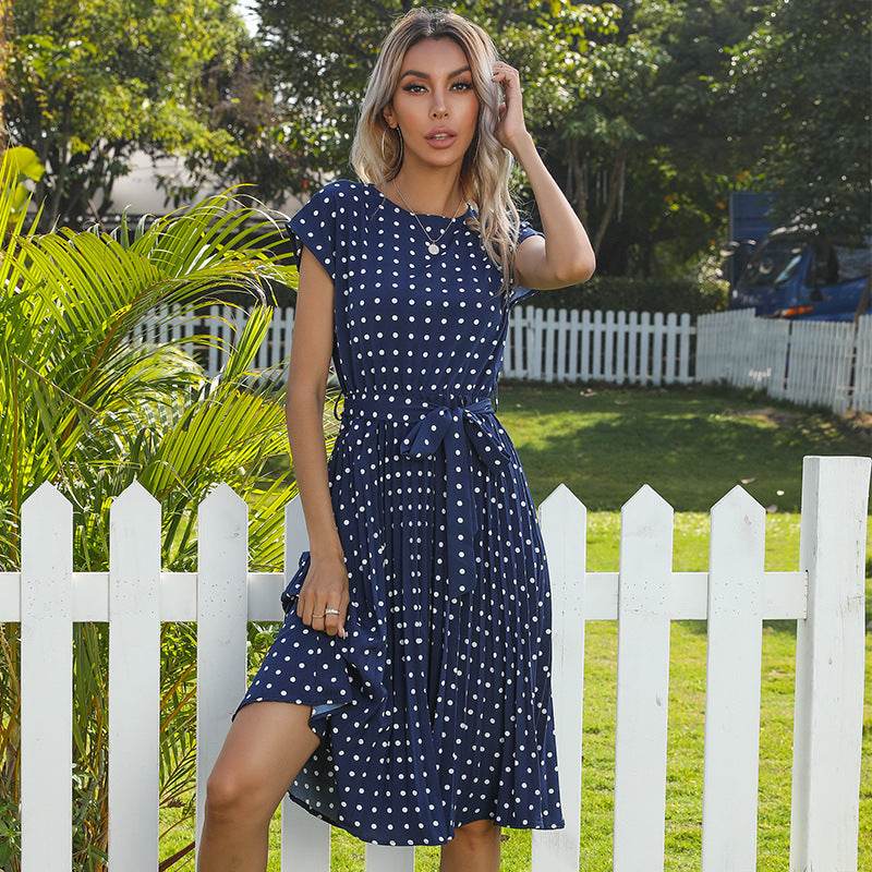Summer Women Polka Dot Short Sleeve Dress Casual Pleated Midi Dresses Elegant Green Office Lady Clothing - EX-STOCK Canada