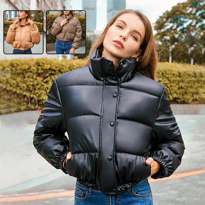 New Leather Puffer Cropped Jacket Warm Stand Collar Short Coat Y2K Cotton padded Jacket Women - EX-STOCK Canada
