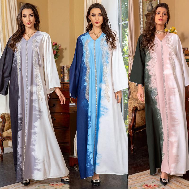 Pearl Embroidery Muslim Dress Tie-dye Rhinestone Robe - EX-STOCK Canada