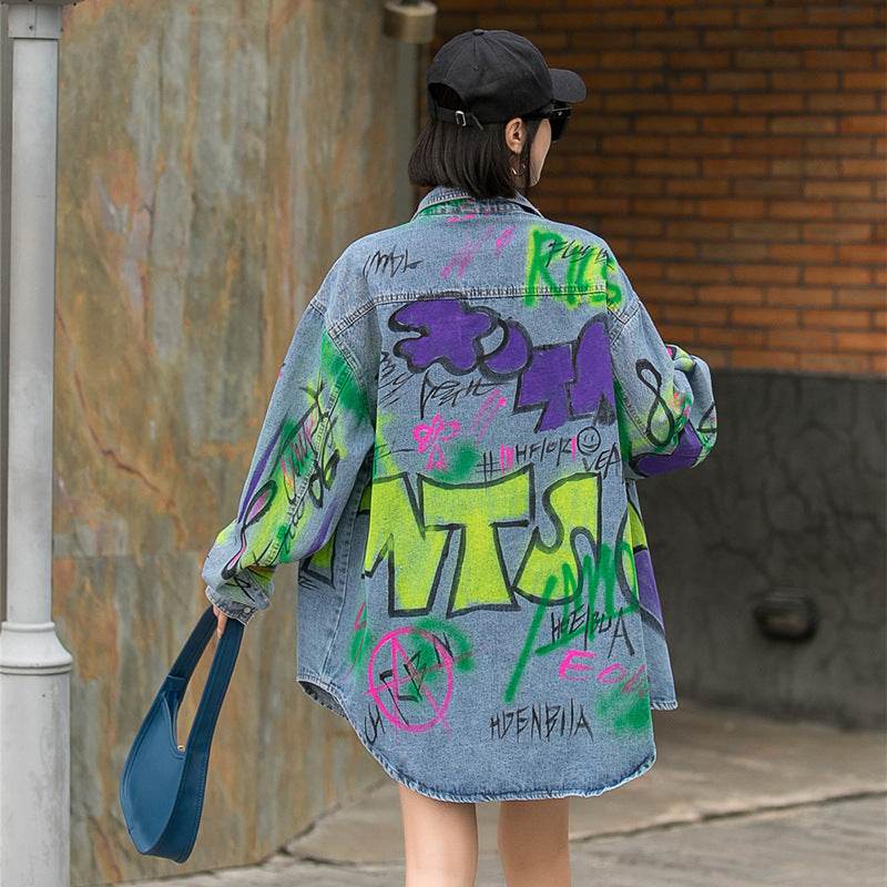 Oversized Graffiti Print Denim Jacket Women Loose Fried Street fashion - EX-STOCK Canada