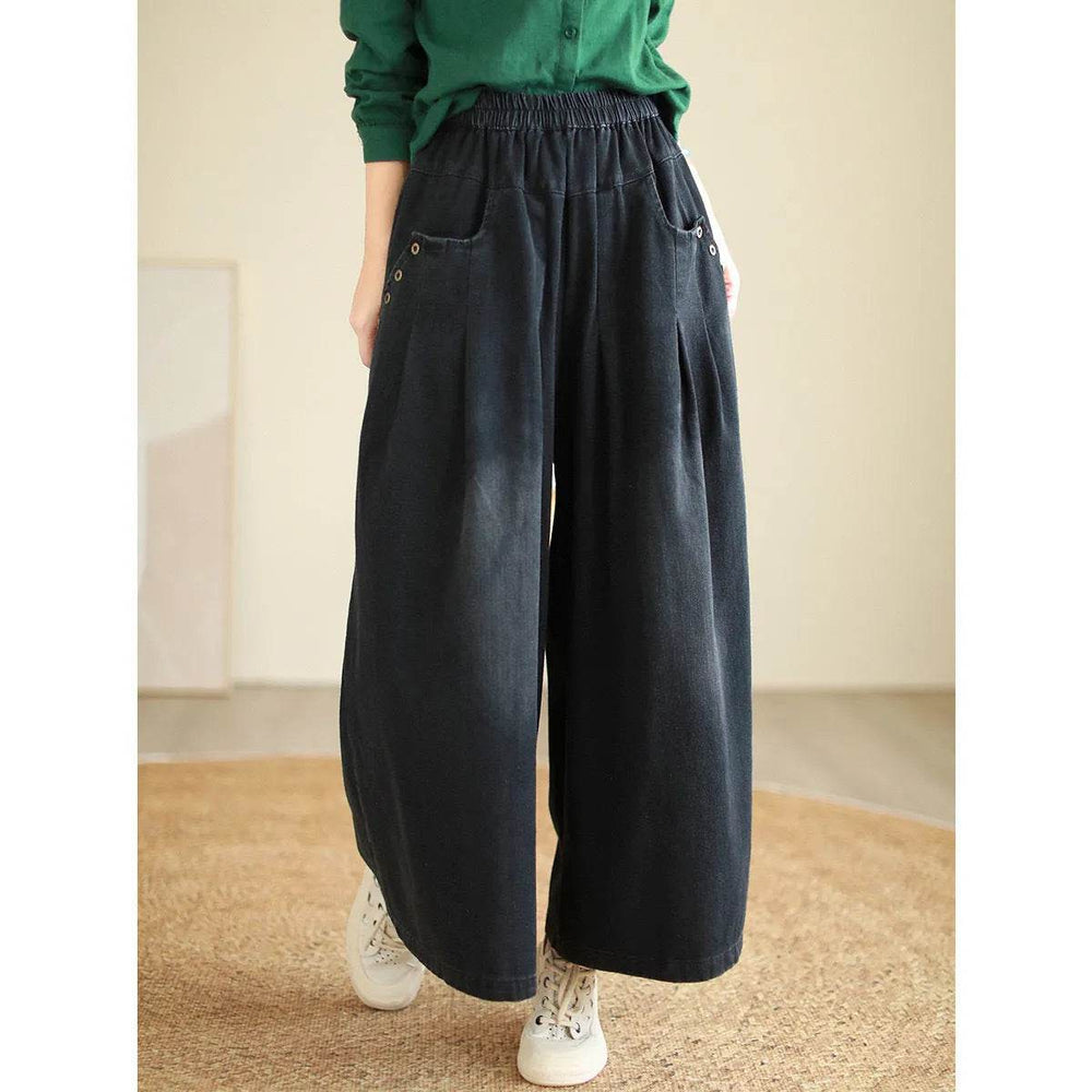 Wide-leg Baggy Jeans Pant Elastic Waist Washed Wear-white Loose Slimming And All-matching Trousers For Women - EX-STOCK Canada