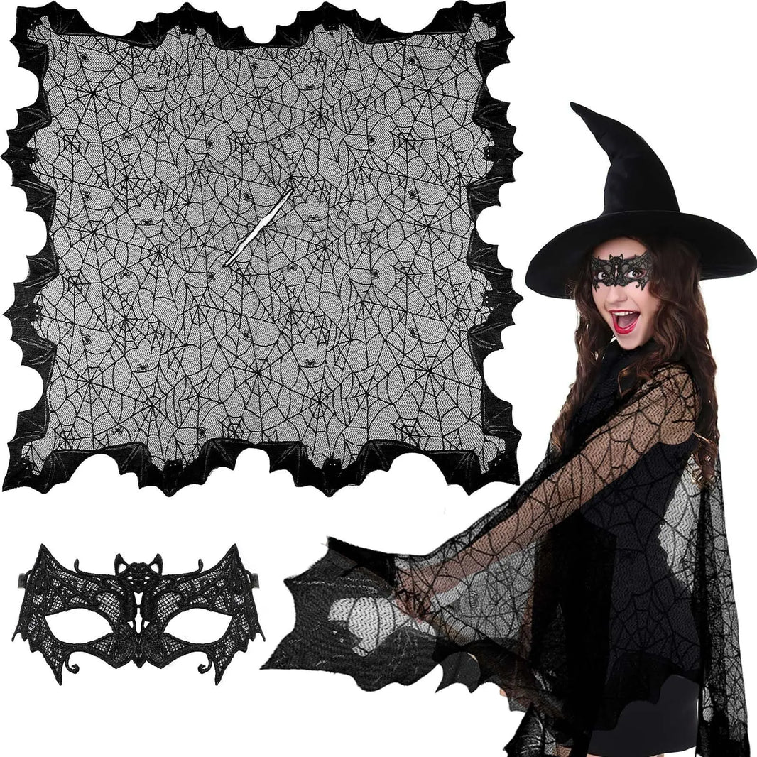 2 Pcs Halloween Poncho For Women Black Bat Spider Web Poncho And Lace Mask Masquerade Mask Halloween Party Cosplay Costume Accessory Day Of The Dead Costume,Cannot Be Listed On Amazon Platform - EX-STOCK Canada