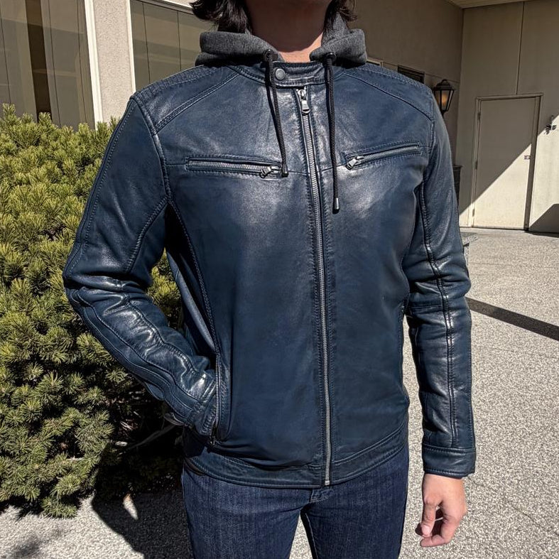 BOL Men's Hooded Snap Collar Leather Jacket