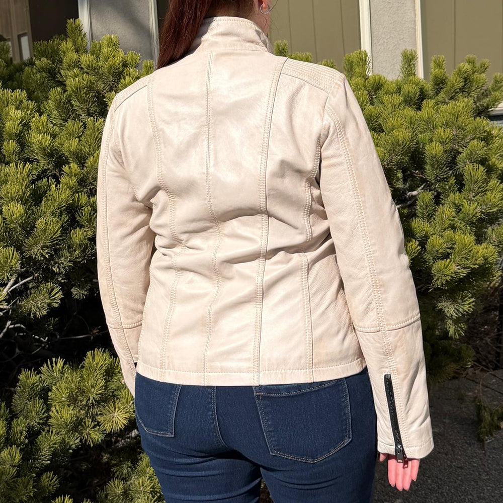 Women's Classic Lamb Leather Jacket. Round Collar with Studs, 4 Zippered Pockets & Shoulder Accent Stitching