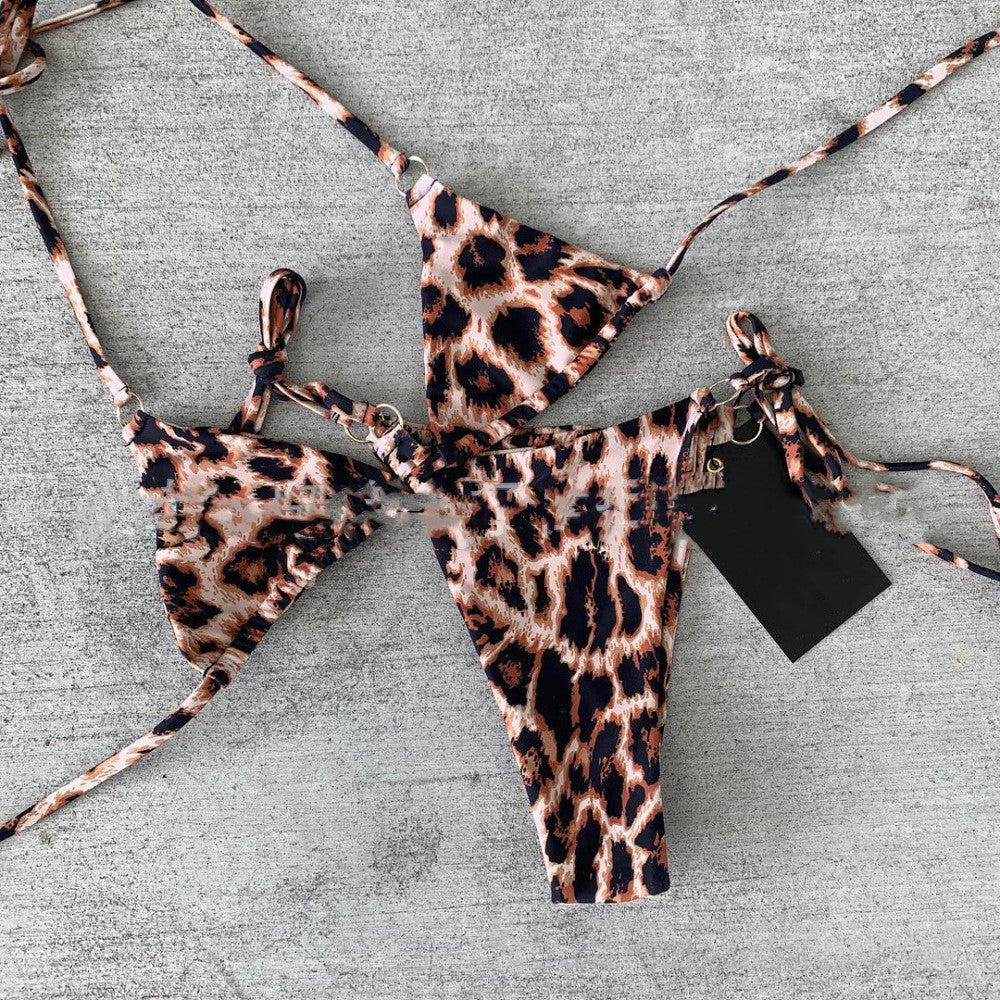 Women's Leopard Print Bikini with Metal O-Ring – Triangle Top High-Cut Two-Piece Swimsuit