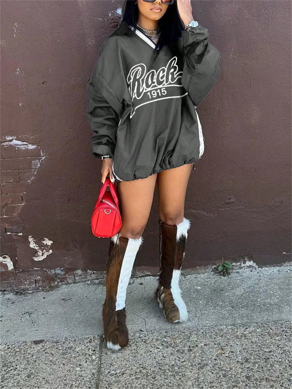 Women's Letter Print Color Block Loose Sweatshirt EX-STOCK Canada