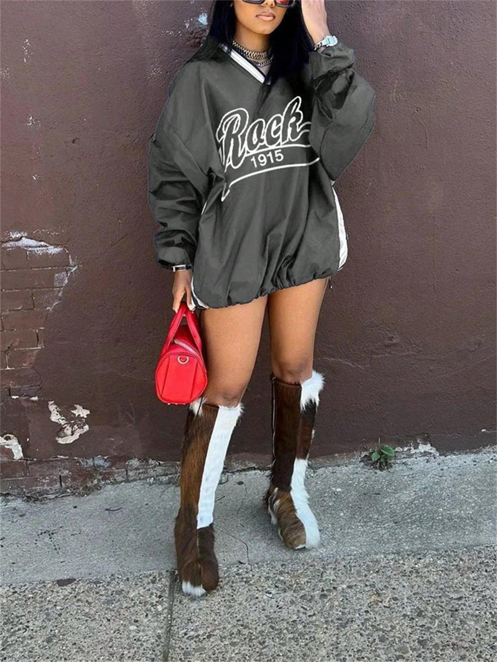 Women's Letter Print Color Block Loose Sweatshirt EX-STOCK Canada