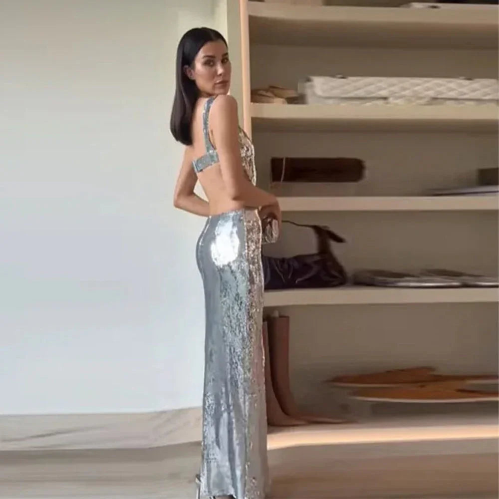 2024 Woman Fashion French High Feeling Silver Sequins Halter Sheath Dress Light Luxury Dinner Year Sexy Long Dresses EX-STOCK Canada