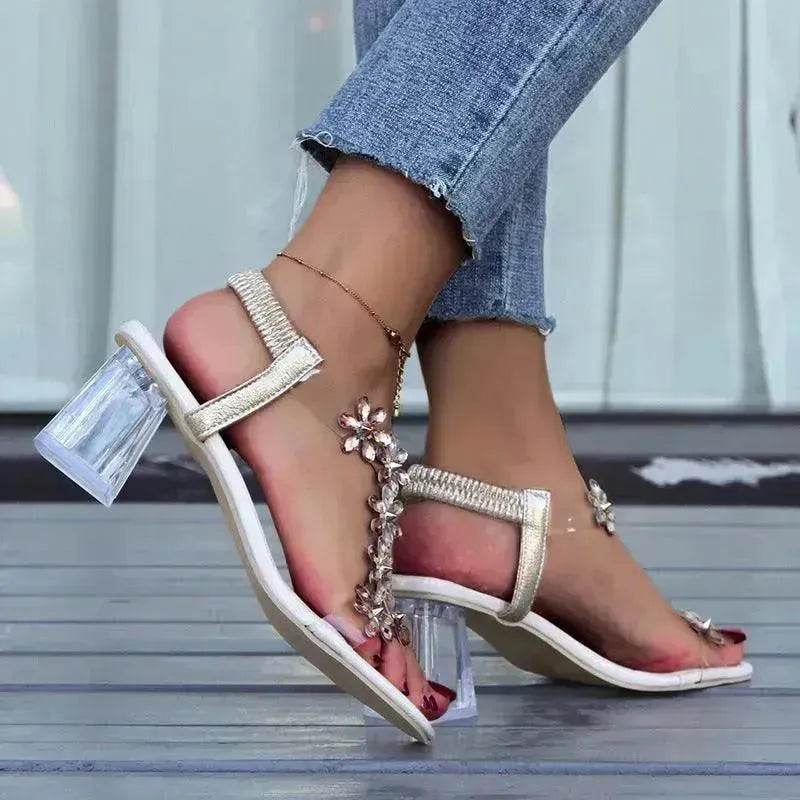 Fashion Flowers Sandals With Transparent High Square Heels Square Toe Shoes For Women - EX-STOCK Canada