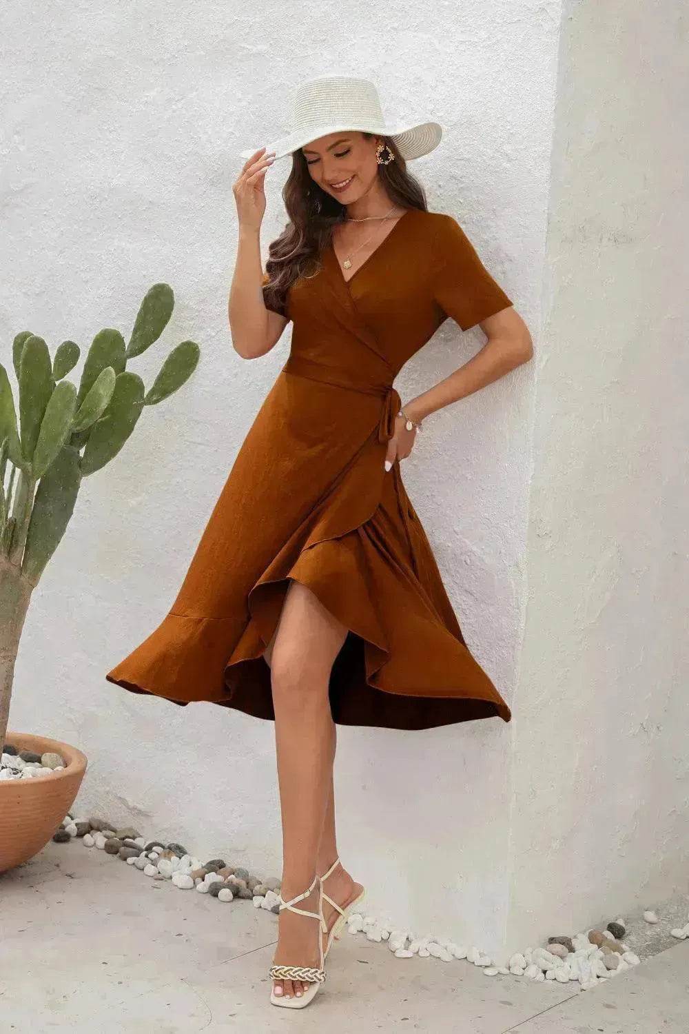2025 Summer Solid Color Long Short Sleeve V-neck High Waist Tied Midi Dress - EX-STOCK Canada