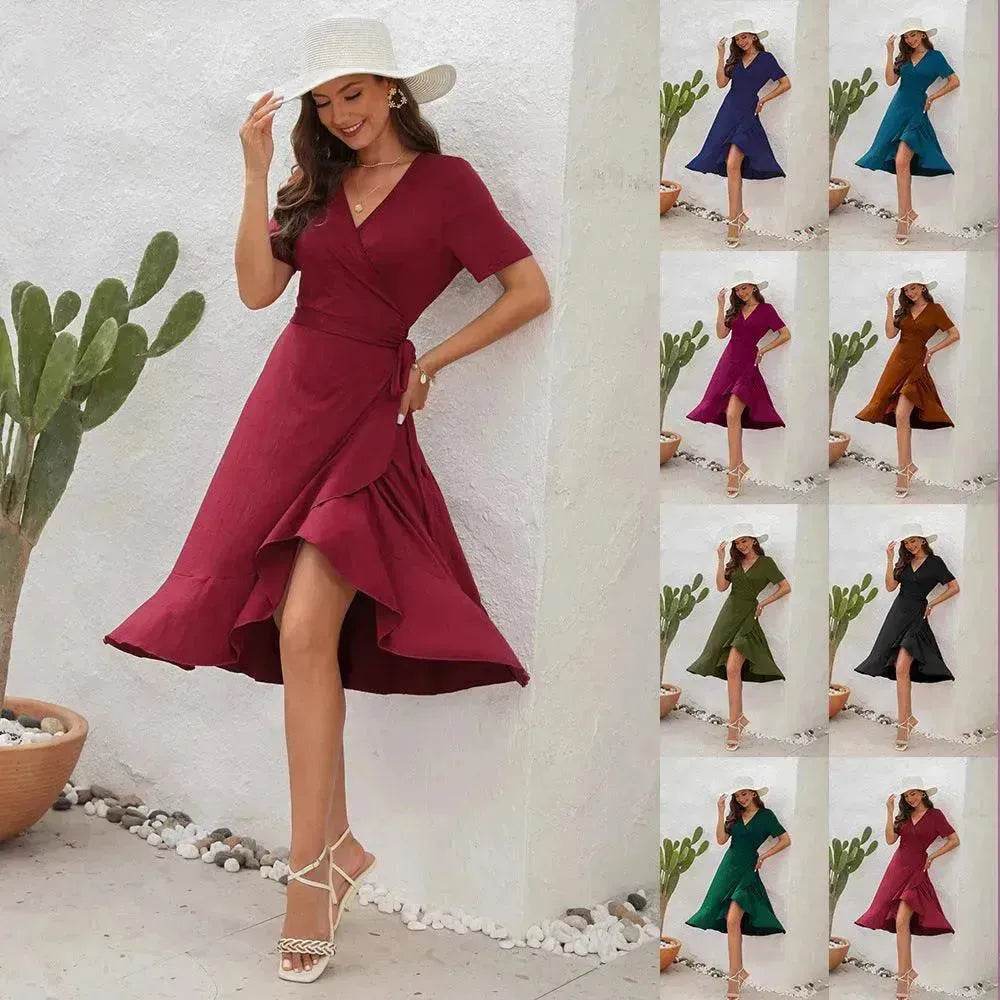 2025 Summer Solid Color Long Short Sleeve V-neck High Waist Tied Midi Dress - EX-STOCK Canada