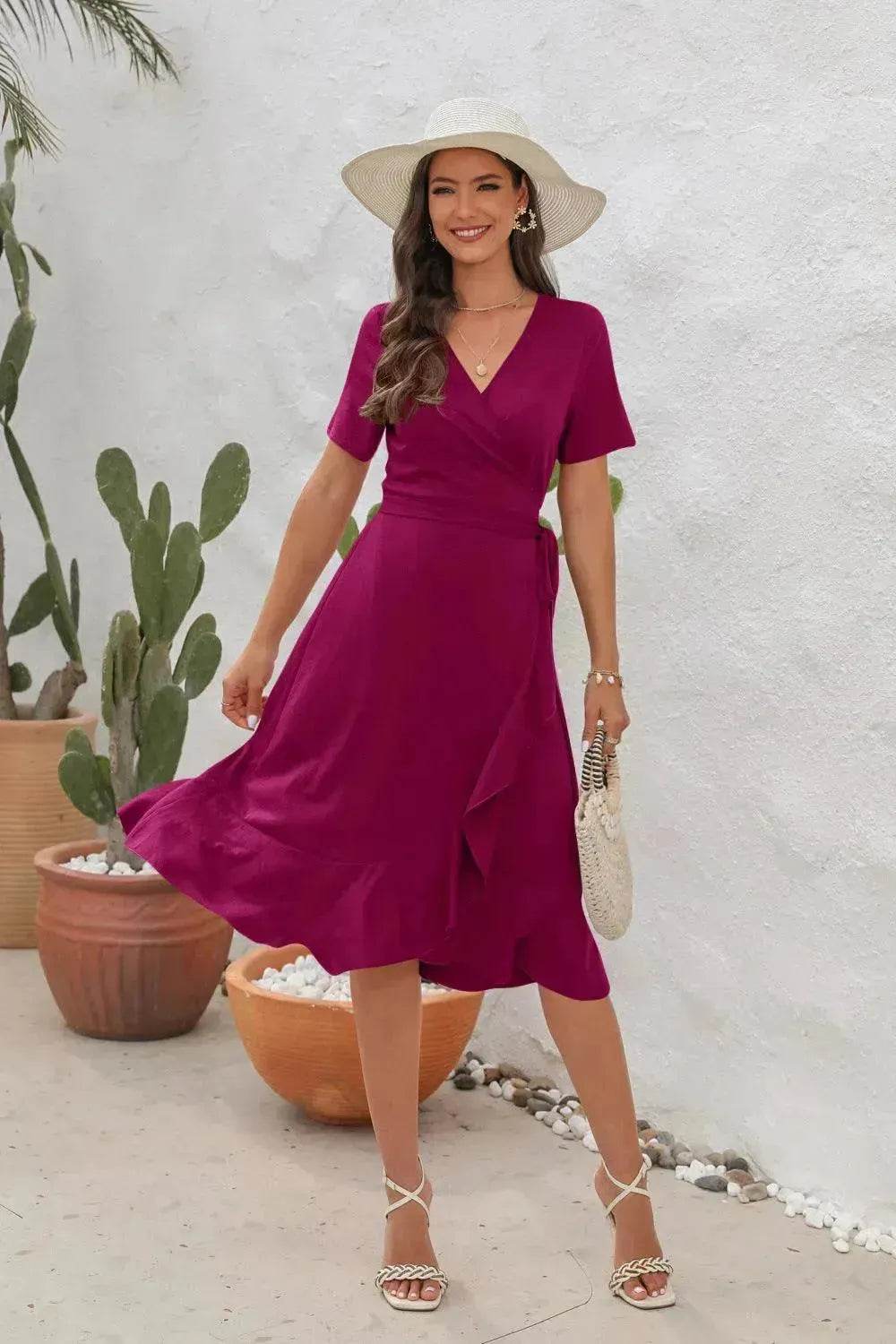 2025 Summer Solid Color Long Short Sleeve V-neck High Waist Tied Midi Dress - EX-STOCK Canada