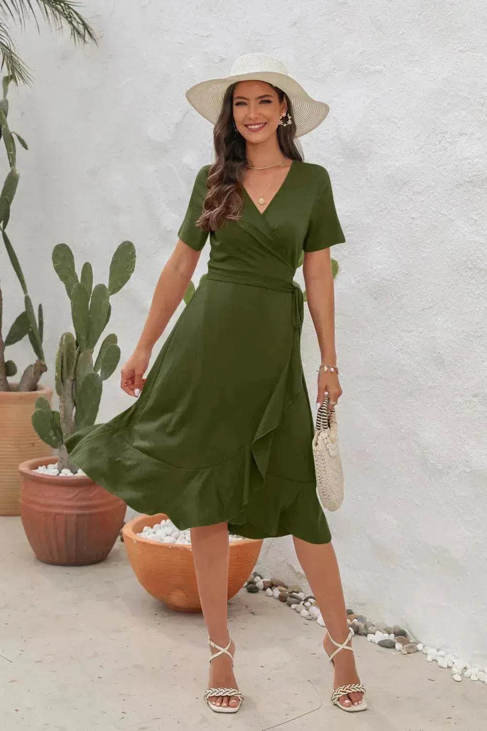 2025 Summer Solid Color Long Short Sleeve V-neck High Waist Tied Midi Dress - EX-STOCK Canada