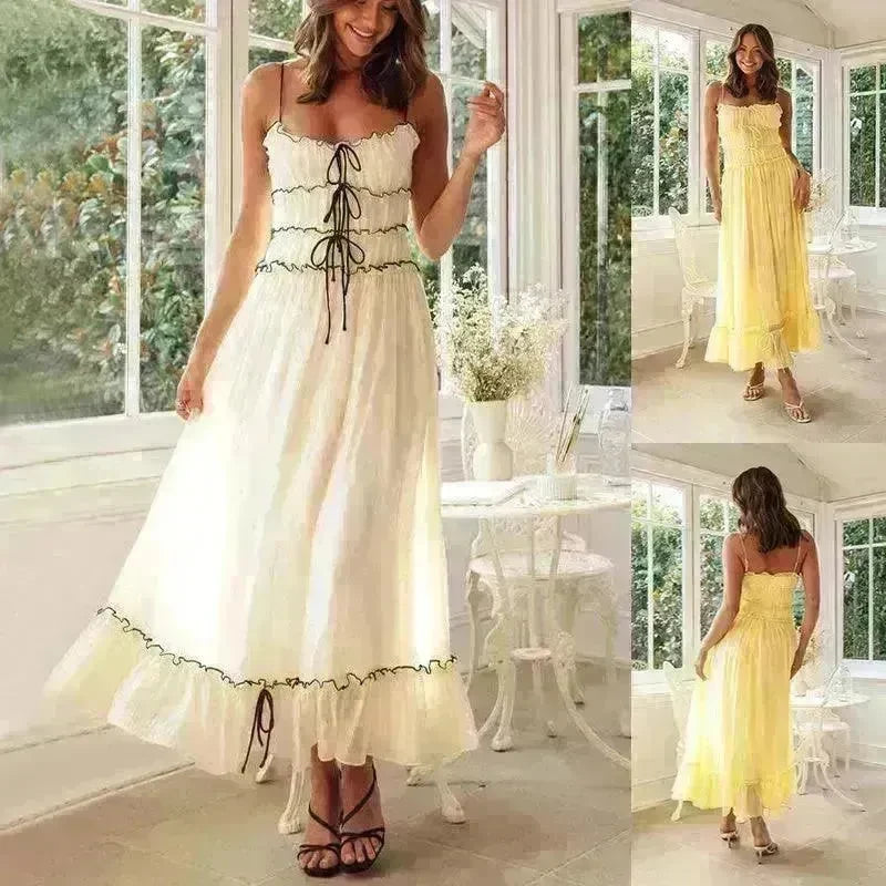 2024 Summer Suspender Spaghetti Strap Long Dresses With Bow Pleat Design Fashion Sweet Bow Beach Dress For Womens Clothing - EX-STOCK CANADA