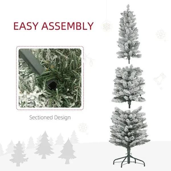 Sapin de Noël artificiel pré-éclairé de 6 pieds avec lumière LED blanche chaude, branches enneigées, base en métal, sapin de Noël en forme de crayonEX-STOCK Canada