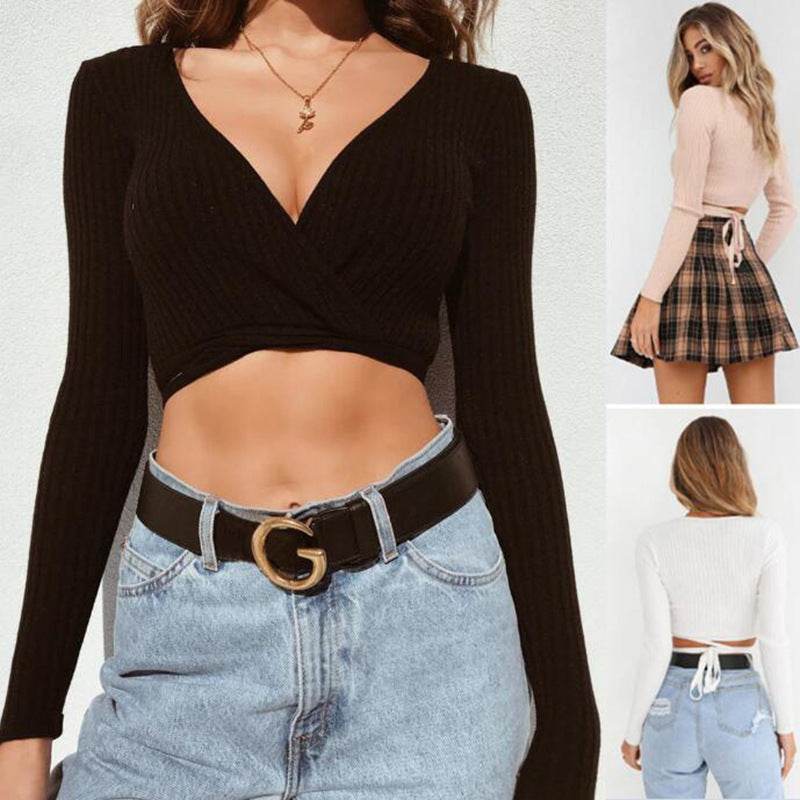 Sexy Women Ladies Summer Slim Crop Tops Long Sleeve T Shirt Casual Solid V Neck Knitted Short Tops - EX-STOCK Canada