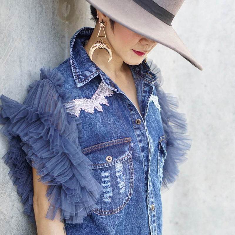 Single Breasted Lapel Frayed denim jacket Clothing top women - EX-STOCK Canada
