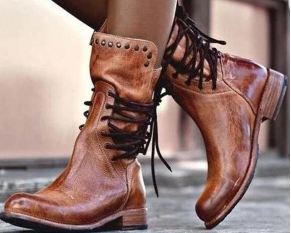 Studded Low Heel Rider Boots – Women's Lace-Up Moto Boots | Black, Coffee, Grey