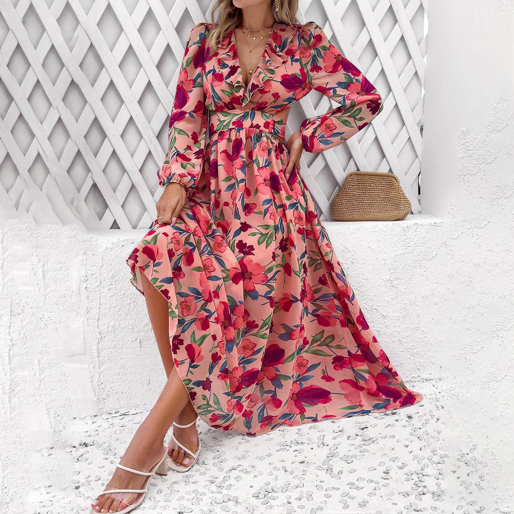 Fashion Florals Print Long Sleeve Dress Casual Holiday Tight-waisted V-neck Dresses Women Clothing - EX-STOCK Canada