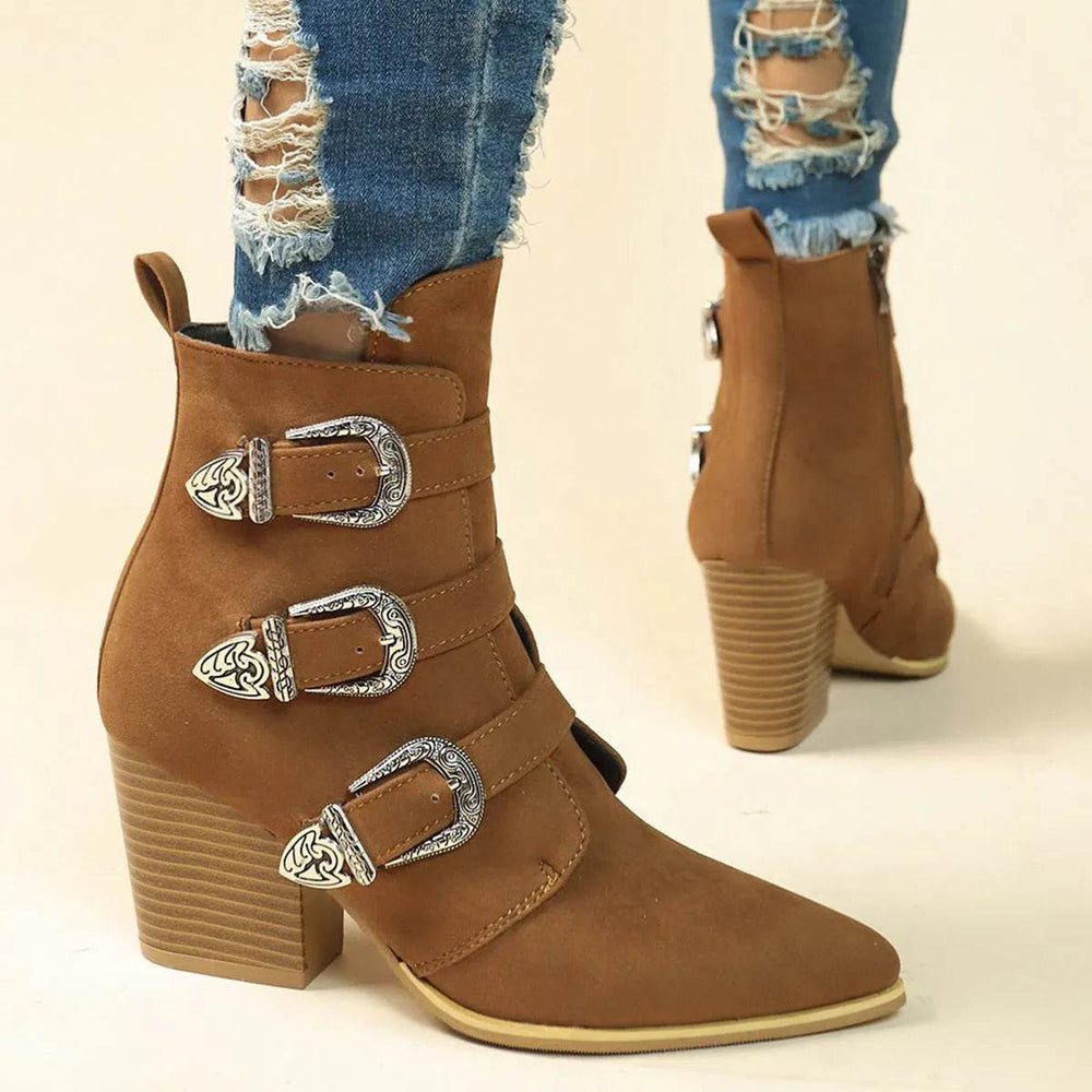 Chunky Heel Pointed Toe Boots With Belt Buckle Design Retro Mid-calf Boot Fashion Fall Winter Shoes For Women - EX-STOCK Canada