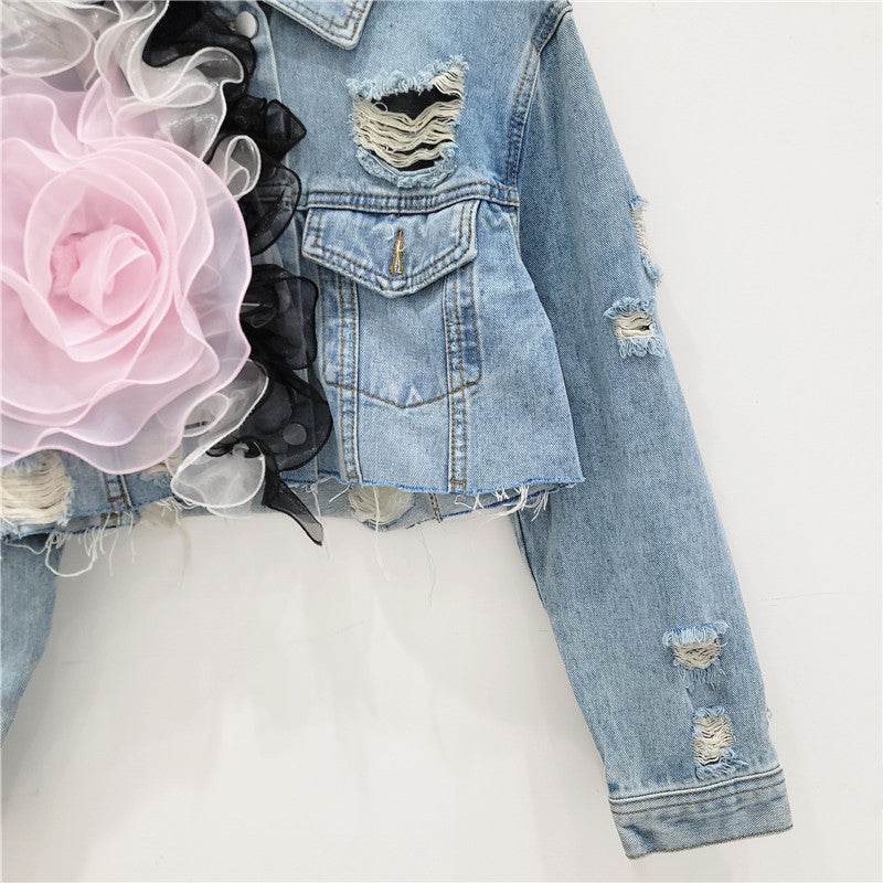 Elegant women fashion embroidered cropped Ripped blue Denim Jacket - EX-STOCK Canada
