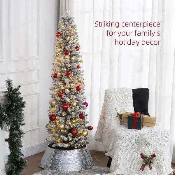 Sapin de Noël artificiel pré-éclairé de 6 pieds avec lumière LED blanche chaude, branches enneigées, base en métal, sapin de Noël en forme de crayonEX-STOCK Canada