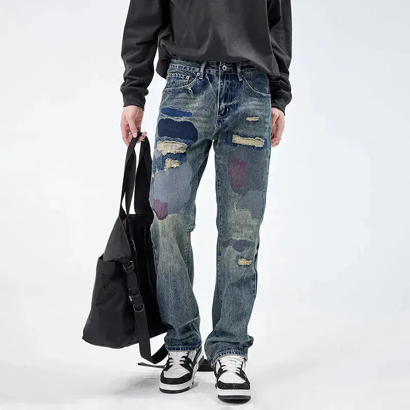 American Style Loose Broken Patch Straight Retro Denim Jeans pant Trousers Men - EX-STOCK CANADA