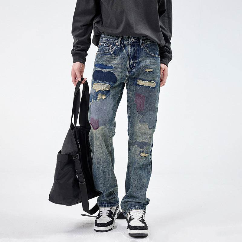 American Style Loose Broken Patch Straight Retro Denim Jeans pant Trousers Men - EX-STOCK Canada
