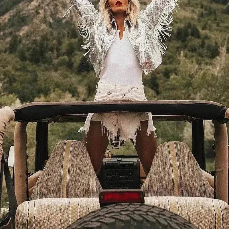 Women Fashion Long sleeve Tassel Sequin top jacket Y2K cropped jacket - EX-STOCK Canada